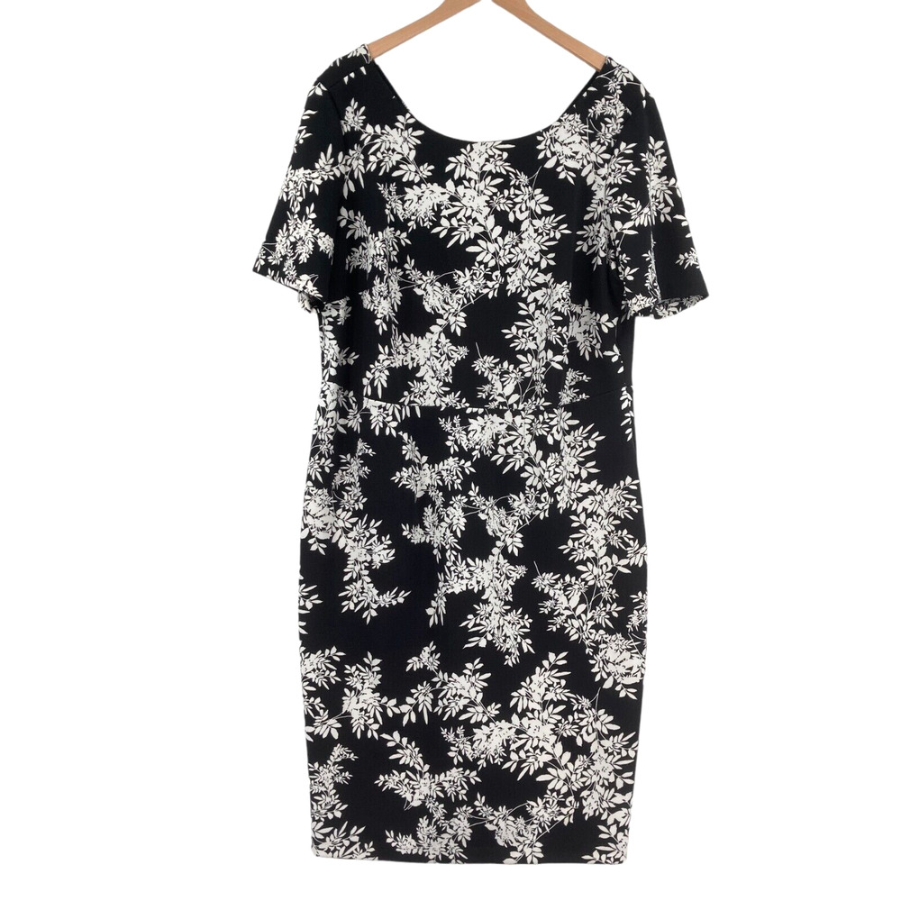 Vince Camuto Sheath Dress Women 2X Black White Floral Knit Short Sleeve Back Zip